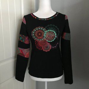 Coline Scoop Neck Long Sleeve Black w/ Multi-Colored Trim Boho Cotton/Elastane S